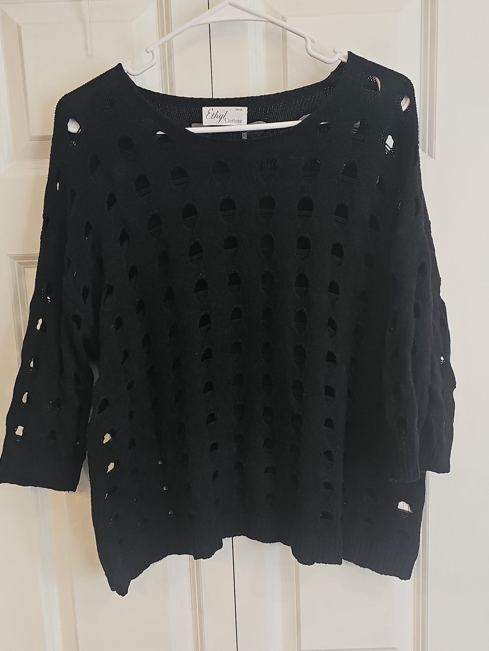 Elyse Designing Black Distressed Open-Knit Crewneck Sweater
